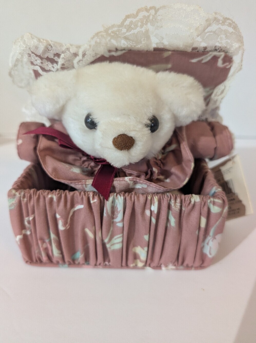 VTG Teleflora White Bear in Dusty Rose Floral Fabric Box, Get Well